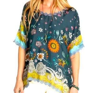 Johnny Was Adalee Floral Embroidered Green/Yellow Silk Floral Top, XS